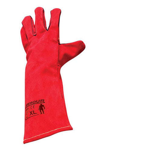 Armour Leather Red Left Hand Welding Glove 40cm featuring reinforced thumb, Kevlar stitching, and double leather layers for durability. Ideal for welding, engineering, and foundry work, available at Active Safety.