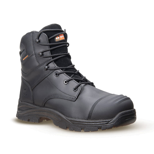 Apex Linesman Safety Boots featuring a black lace-up design, composite toe cap, and side zip, ideal for workplace safety.