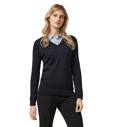 Biz Ladies Milano Pullover, a stylish modern sweater with a flattering V-neck and ribbed sleeves, perfect for layering over shirts. Made from a durable merino wool blend and designed for workplace style.
