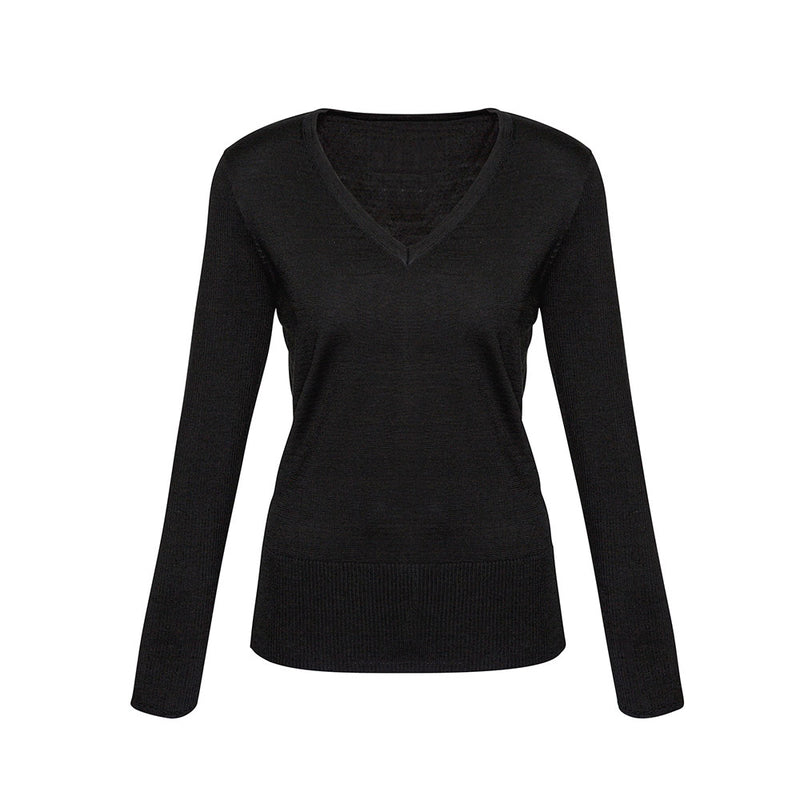 Load image into Gallery viewer, Biz Ladies Milano Pullover: A black V-neck sweater with long sleeves, featuring a longer hip length and ribbed sleeve and hem details, ideal for layering over collared shirts.