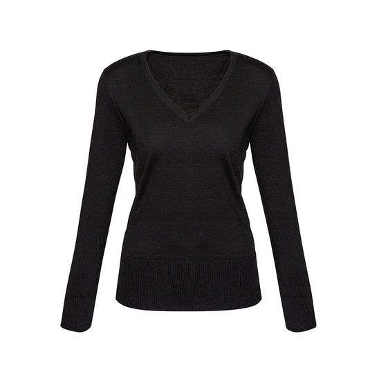 Biz Ladies Milano Pullover: A black V-neck sweater with long sleeves, featuring a longer hip length and ribbed sleeve and hem details, ideal for layering over collared shirts.