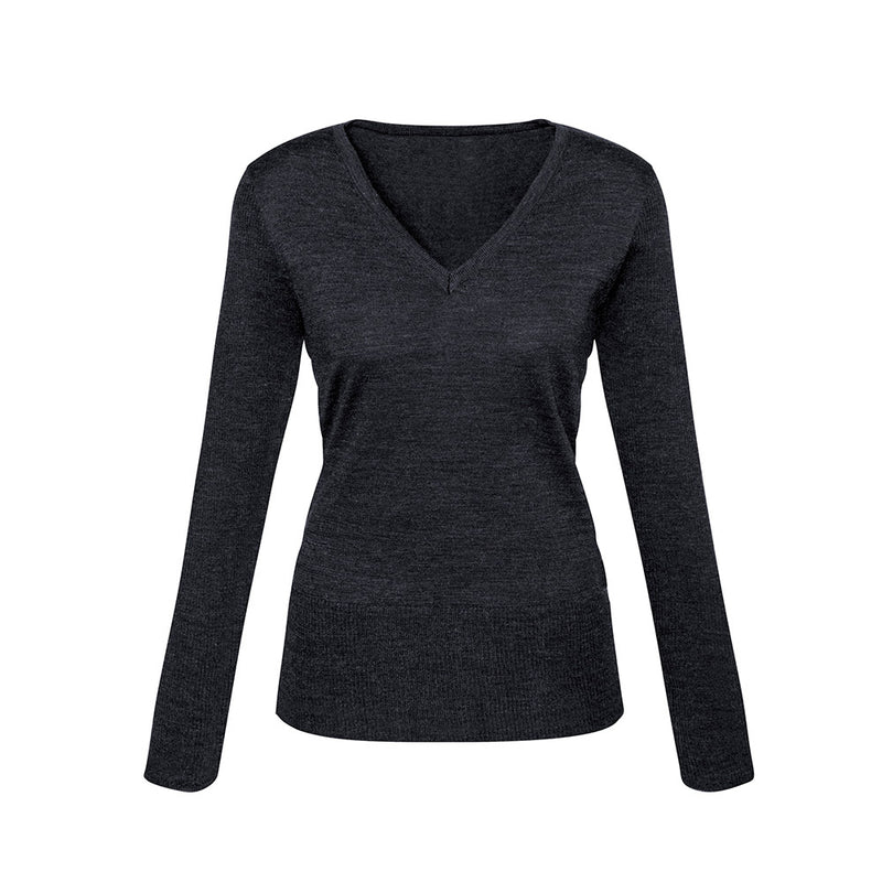 Load image into Gallery viewer, Biz Ladies Milano Pullover, a modern black V-neck sweater with long sleeves, crafted from a merino wool blend, featuring a longer hip length and ribbed detailing, ideal for layering over collared shirts.