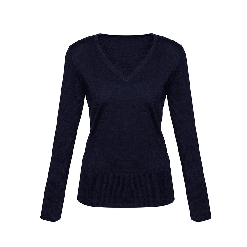 Load image into Gallery viewer, Biz Ladies Milano Pullover with long sleeves and a V-neck, showcasing a modern, slim-line design with ribbed details, perfect for layering. Ideal for professional or casual settings.