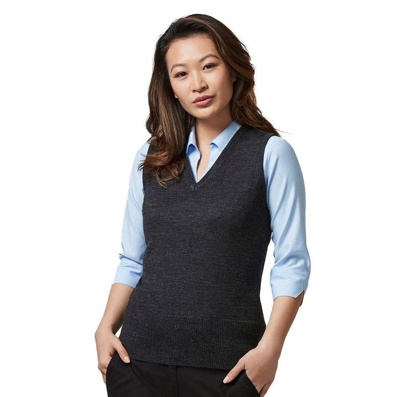 Load image into Gallery viewer, Biz Womens Milano Vest: A modern, longer-length vest with a flattering V-neck, ideal for layering over collared shirts. Made from a durable merino wool blend, perfect for workplace or safety environments.