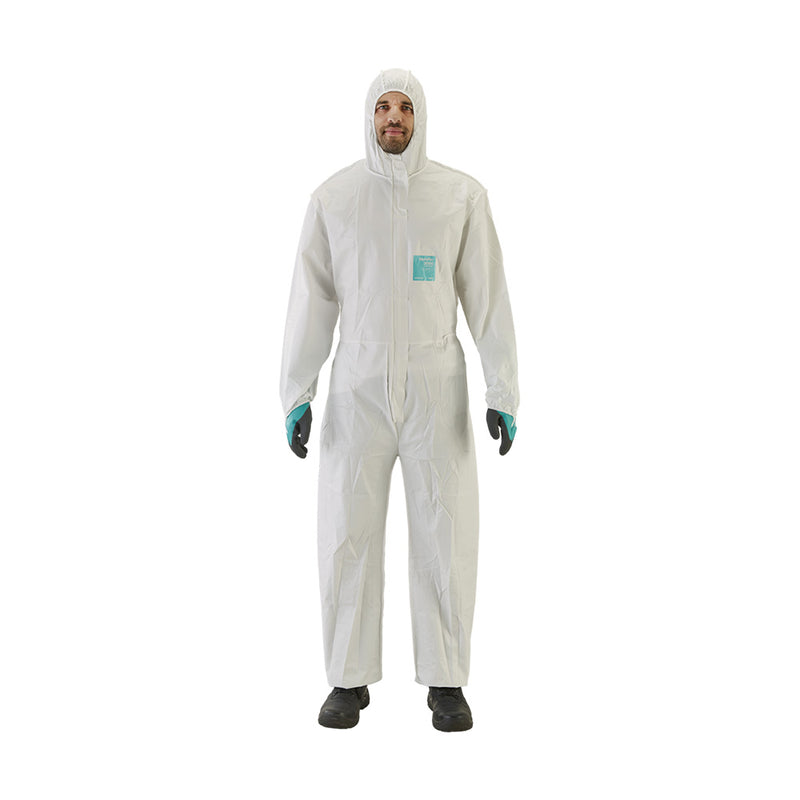 Load image into Gallery viewer, Person wearing AlphaTec 2000 Comfort Coverall: Carton/40, featuring a hood and gloves, ideal for hot environments and hazardous tasks, showcasing full-body protection with breathable material for comfort.