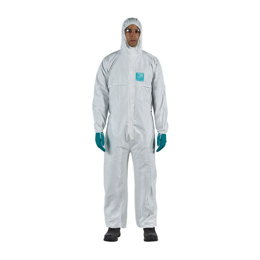 AlphaTec 2000 Standard Type 5/6 Coverall, White, shown on a person wearing a full protective suit with green gloves and black shoes, highlighting its protective features suitable for safety applications.
