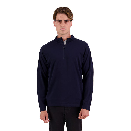 Alpine Mens 1/2 Zip Merino Jumper shown in close-up, highlighting the heavyweight merino fabric and raglan sleeve stitching. Ideal for warmth and sustainability, crafted for active and safety-conscious individuals.