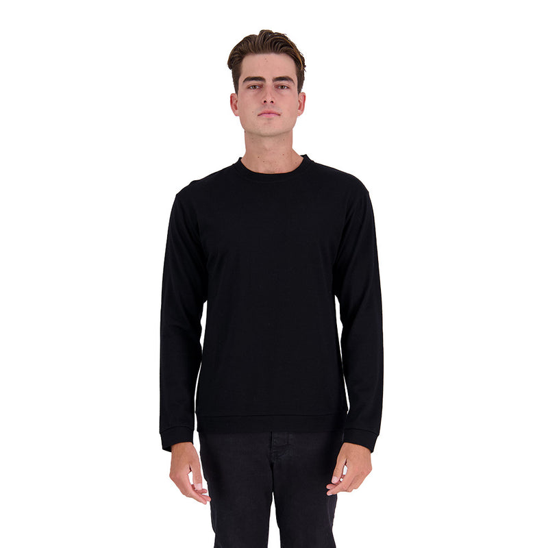 Load image into Gallery viewer, Moeraki Mens Merino Crew Neck Pullover, Black features a classic crew neck design with set-in sleeves and twin needle seams, crafted from sustainable, heavyweight merino wool known for its quick-drying and odor-resistant properties.