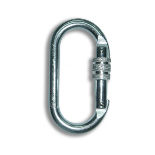 QSI Steel Screw Gate Carabiner, a robust metal device, features a screw gate lock for secure fastening. Ideal for height safety, it is crafted from steel, supporting up to 25kN. Certified EN362:2004/B.