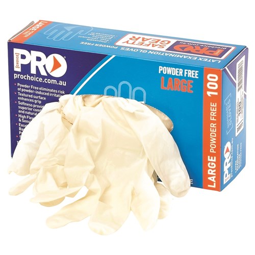 Pro Powder Free Disp. Latex Gloves Box/100, featuring high-quality latex rubber for sensitivity and dexterity. Powder-free to prevent contamination. Box prominently displays brand logo, ideal for safety and workplace use.