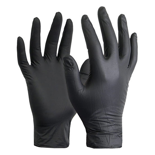 Esko Heavy Duty Nitrile Disp. Gloves, Box/100, shown as a pair of robust black gloves with textured palms and fingers, designed for excellent grip and enhanced puncture and abrasion resistance, ideal for safety needs.