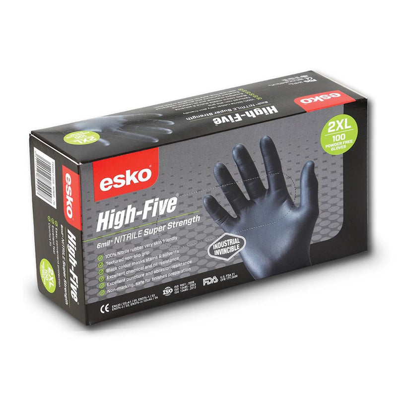 Load image into Gallery viewer, Esko Heavy Duty Nitrile Disp. Gloves, Box/100, featuring a robust design with 6-mil thickness and textured grip, ideal for safety and workplace use, visually showcased in a compact box.