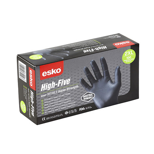 Esko Heavy Duty Nitrile Disp. Gloves, Box/100, featuring a robust design with 6-mil thickness and textured grip, ideal for safety and workplace use, visually showcased in a compact box.