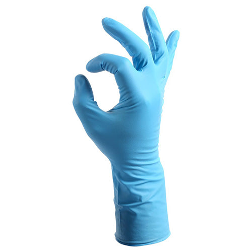 Esko Heavy Duty Nitrile Disp. 300mm Gloves, Box/50, showcased with a gloved hand demonstrating flexibility and grip. These gloves offer superior puncture resistance, ideal for safety and industrial applications.