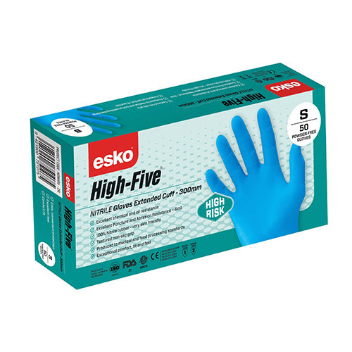 Esko Heavy Duty Nitrile Disp. 300mm Gloves, Box/50, displayed with textured non-slip grip, emphasizing durability and comfort. Ideal for safety and workplace use, aligning with Active Safety's commitment to quality PPE gear.