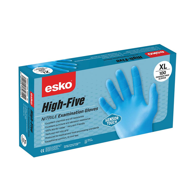 Load image into Gallery viewer, Esko High Five SensorTouch Nitrile Disposable Gloves: Box/100. 2XL, powder-free, textured grip for excellent chemical resistance, puncture resistance, skin-friendly, meeting EN and FDA standards, ideal for safety and workplace use.