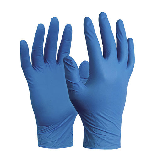 Esko Nitrile FDA Disposable Gloves Box/100 showcasing a close-up of blue, powder-free nitrile gloves with a textured grip, suitable for industrial and medical use, emphasizing superior puncture resistance and tailored fit.