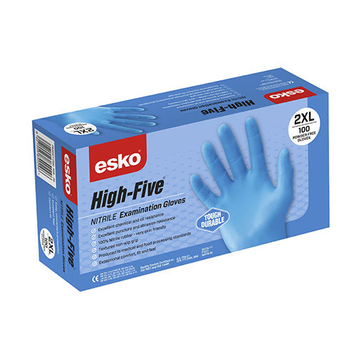 Esko Nitrile FDA Disposable Gloves Box/100, featuring powder-free, textured fingertips for superior grip, tailored fit, and industrial/medical grade quality, ideal for safety and workplace protection.