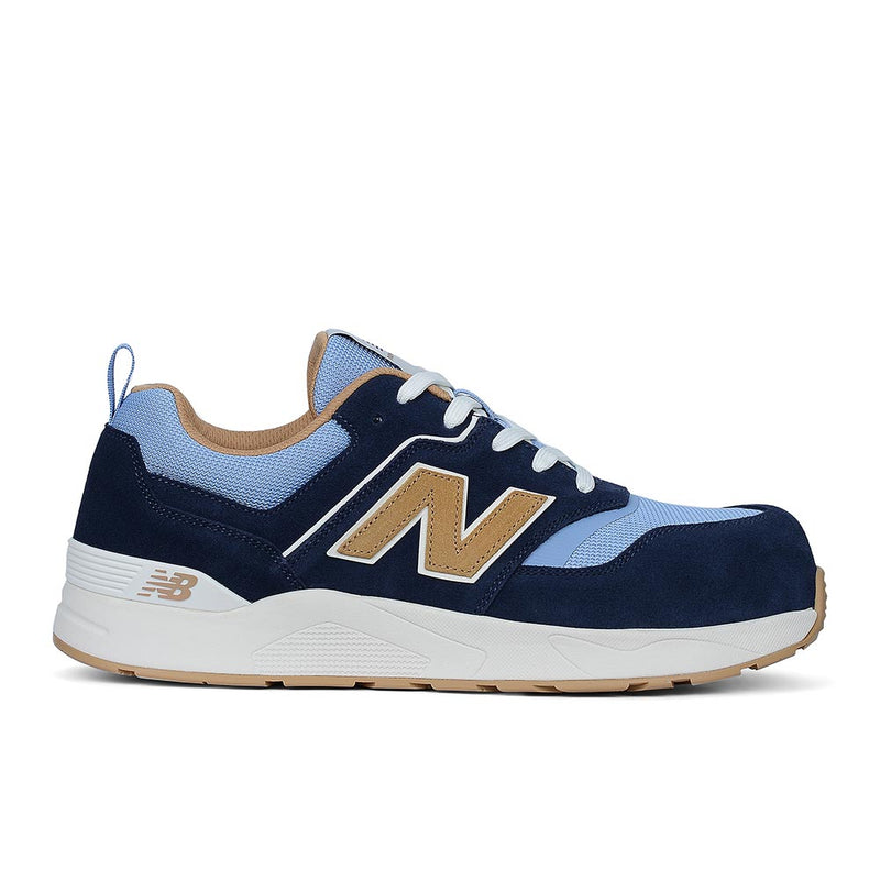 Load image into Gallery viewer, New Balance Elite Lite Safety Shoe, Blue/Coffee, features a sleek navy-and-light-blue design with tan accents, composite safety toe, white midsole, gum-rubber outsole, and slip-resistant properties, ideal for light-duty workplace conditions.