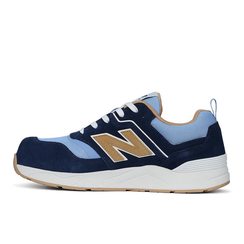 Load image into Gallery viewer, New Balance Elite Lite Safety Shoe, Blue/Coffee, features navy suede, light blue mesh, and tan accents, showcasing style and protection with its composite toe and slip-resistant outsole from Active Safety's premium range.
