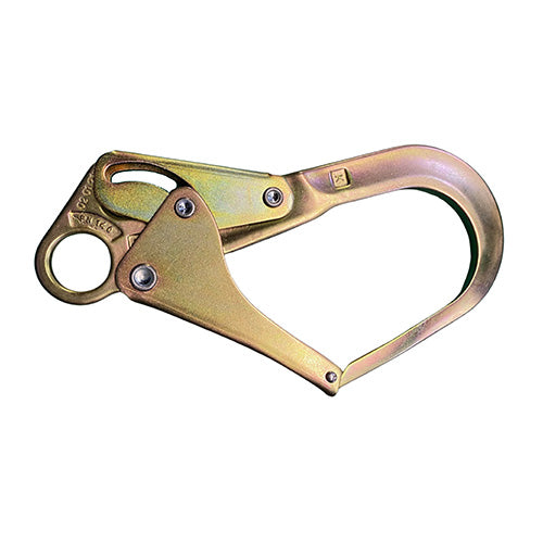 Close-up of a Double Action Steel Scaffold Hook, a sturdy metal tool designed for secure attachment to scaffolding, commonly used with personal lanyards and ropes for enhanced height safety.