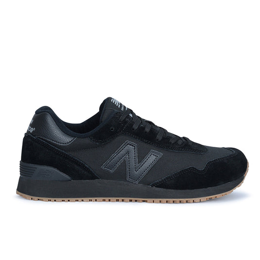 New Balance 515 SR Men's Non-Safety Shoe in black features a sleek design with a brown sole, ideal for long workdays with lightweight cushioning and slip-resistant, heat-resistant outsole.