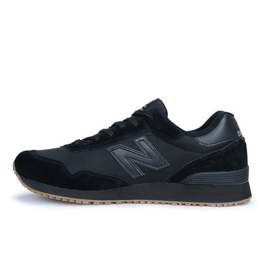 New Balance 515 SR Men's Non-Safety Shoe, Black, features a sleek design with a black upper and brown sole, ideal for workplace settings and long shifts.