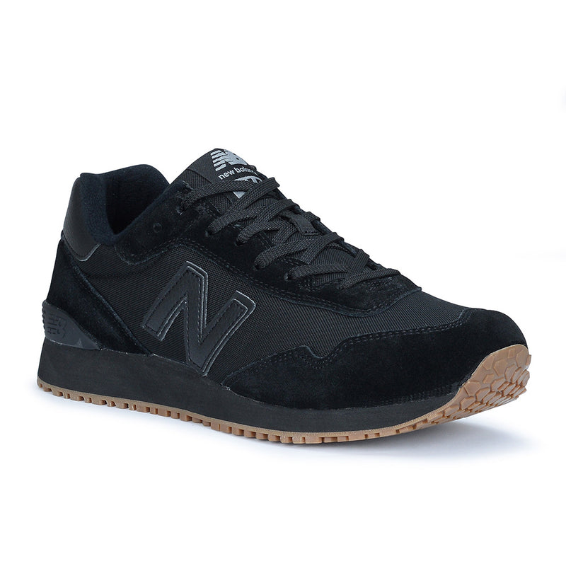 Load image into Gallery viewer, New Balance 515 SR Men's Non-Safety Shoe, Black, featuring a sleek black design with a brown sole, suitable for long work shifts with lightweight cushioning and slip-resistant outsole.