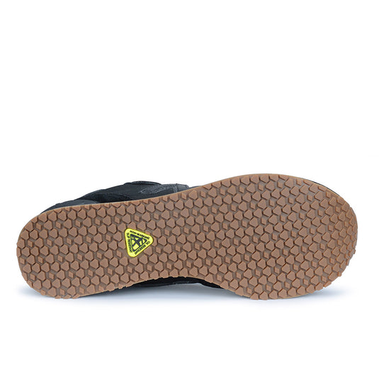 New Balance 515 SR Men's Non-Safety Shoe, Black, showcasing a close-up of the sturdy slip-resistant rubber outsole and lightweight EVA midsole, ideal for long work shifts and casual wear.