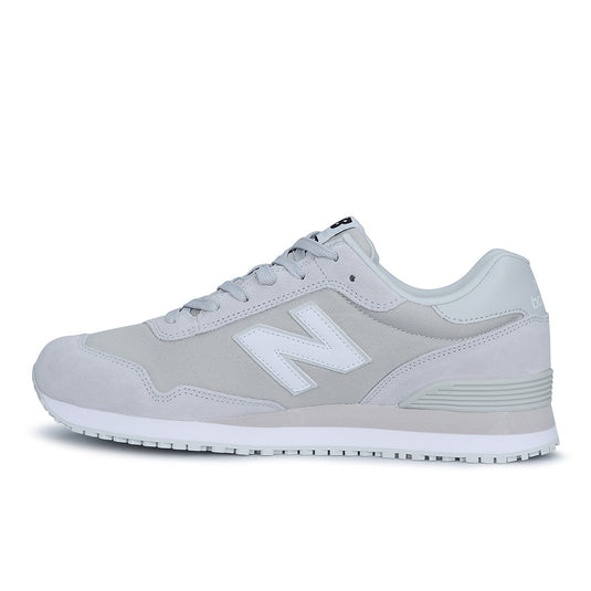 New Balance 515 SR Men's Non-Safety Shoe, Grey, showcasing its sleek design with reinforced suede leather and a slip-resistant rubber outsole, ideal for long work shifts requiring comfort and durability.