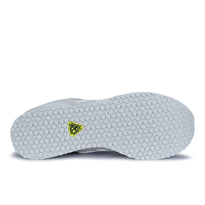 Load image into Gallery viewer, New Balance 515 SR Men's Non-Safety Shoe, Grey, showcasing a white shoe with a yellow logo, designed for durability with slip-resistant rubber outsole and water-resistant upper, ideal for long work shifts.
