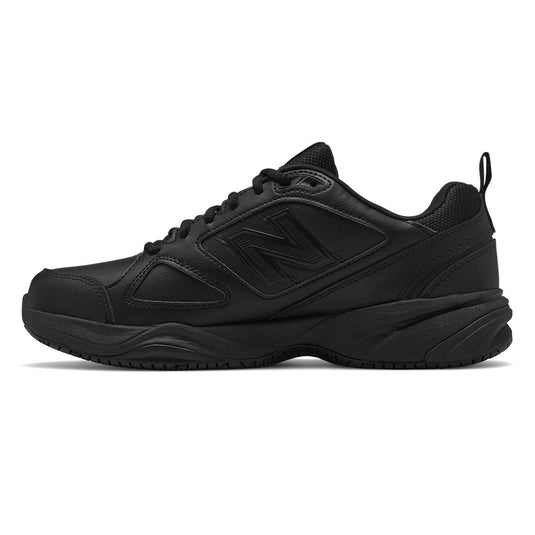 New Balance 626k2 Men's Non-Safety Shoe, Black, showcasing a sleek all-black design with a durable leather upper and slip-resistant outsole, ideal for industrial workers seeking comfort and reliability during long shifts.