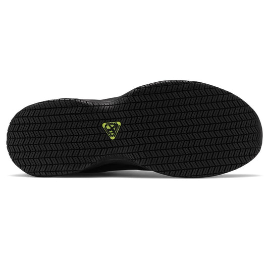 New Balance 626k2 Men's Non-Safety Shoe features a black rubber outsole with a herringbone tread pattern and a green triangular logo, ensuring slip resistance for industrial workers.