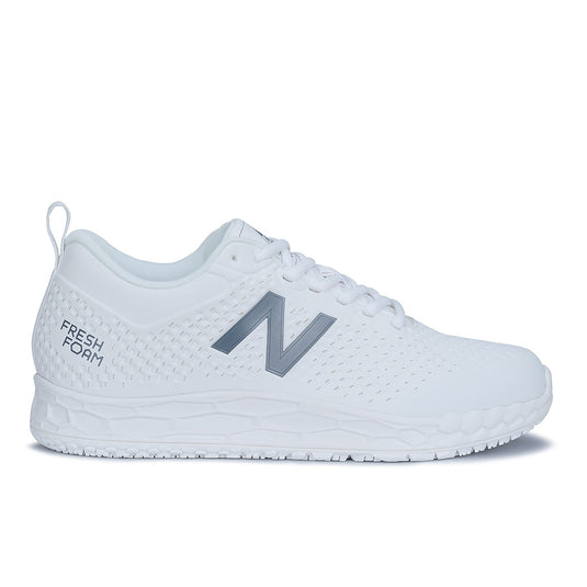 New Balance 906 SR Men's 2E Non-Safety Shoe, White, featuring a sleek design with a gray logo. Highlights include slip-resistant outsole, Fresh Foam midsole, and support-enhancing Hyposkin upper, ideal for workplace functionality.