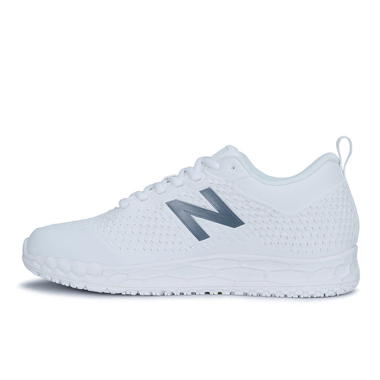 New Balance 906 SR Men's 2E Non-Safety Shoe, White, featuring a sleek design with a gray logo, slip-resistant outsole, and advanced cushioning for workplace comfort and support.