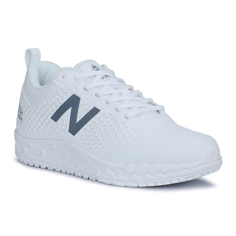 Load image into Gallery viewer, New Balance 906 SR Men's 2E Non-Safety Shoe, White; a sleek white sneaker featuring gray logo accents and a no-sew upper, designed for workplace comfort with slip-resistant outsole and Fresh Foam midsole.