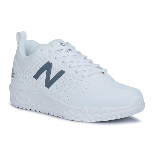 New Balance 906 SR Men's 2E Non-Safety Shoe, White; a sleek white sneaker featuring gray logo accents and a no-sew upper, designed for workplace comfort with slip-resistant outsole and Fresh Foam midsole.