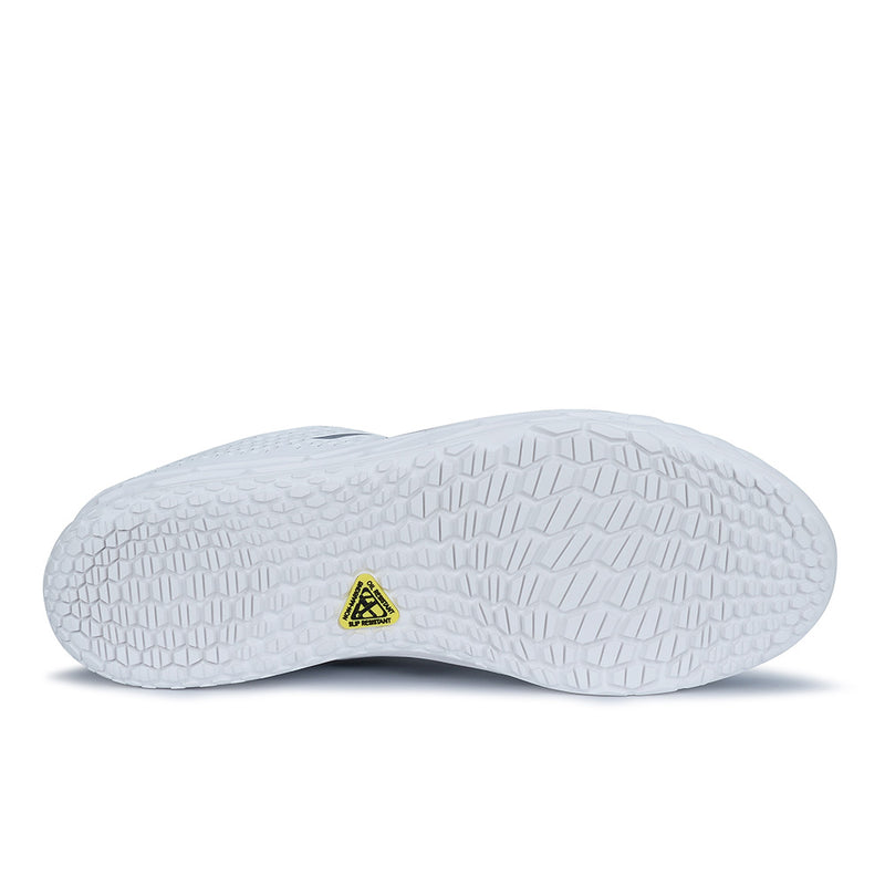 Load image into Gallery viewer, New Balance 906 SR Men's 2E Non-Safety Shoe in white, featuring a yellow logo, slip-resistant outsole, and Fresh Foam midsole, designed for workplace performance with a sleek, abrasion-resistant Hyposkin upper.