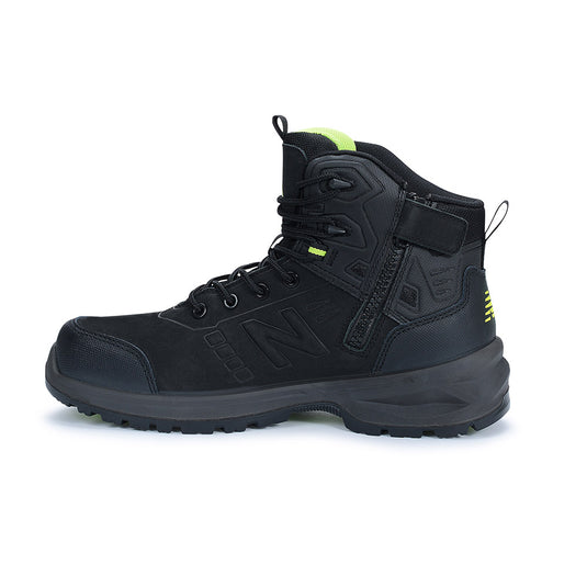 New Balance Calibre Zip Sided 2E Safety Boot features a sturdy composite toe, slip-resistant outsole, and YKK zipper for easy access, embodying robust worksite protection and comfort.