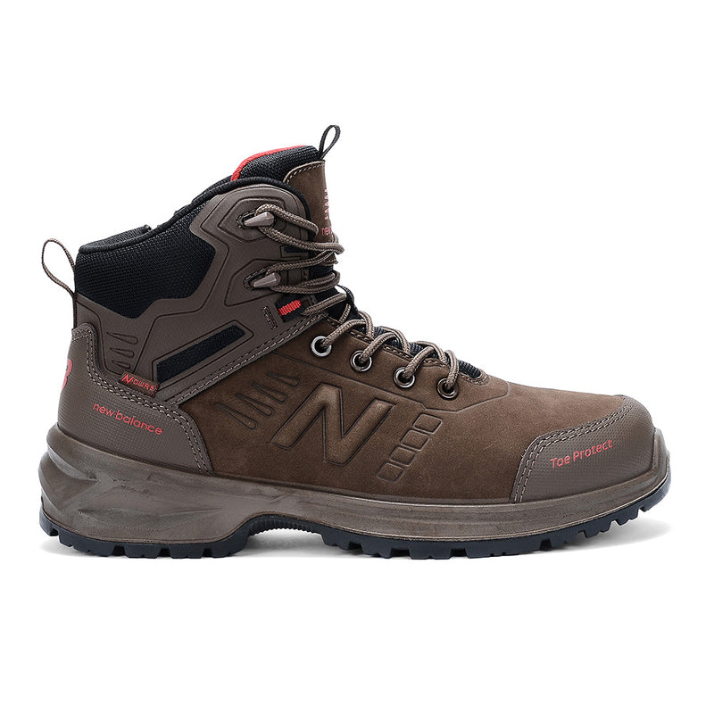 Load image into Gallery viewer, New Balance Calibre Zip Sided 2E Safety Boot, Chocolate, features a rugged design with a composite toe, slip-resistant rubber outsole, and convenient YKK side zipper, ideal for worksite safety and comfort.