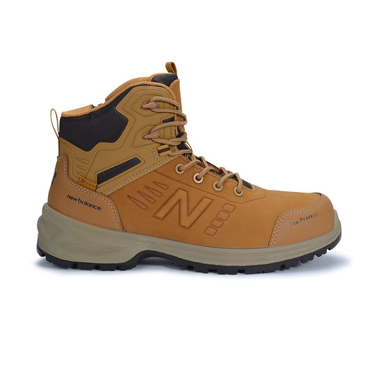 New Balance Calibre Zip Sided 4E Safety Boot, Wheat, features a rugged design with a nubuck leather upper, YKK zipper, and composite toe, ideal for workplace safety and comfort.