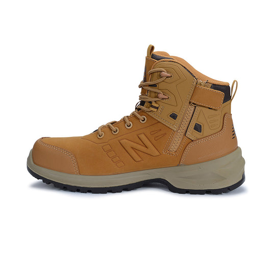 New Balance Calibre Zip Sided 4E Safety Boot in Wheat features a premium nubuck leather upper, composite toe, and YKK zipper for easy access, ideal for workplace safety and comfort.