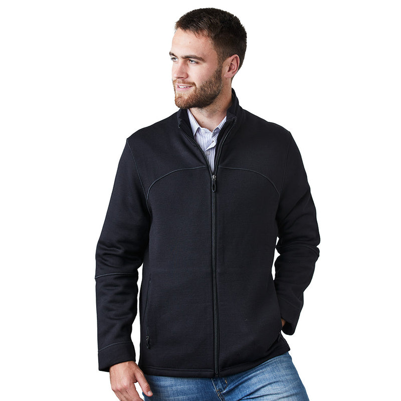 Load image into Gallery viewer, Mens Metro Merino Full Zip Jacket features a close-up of a man wearing the jacket, highlighting the full zip closure and angled pockets, suitable for active and safety-focused environments.