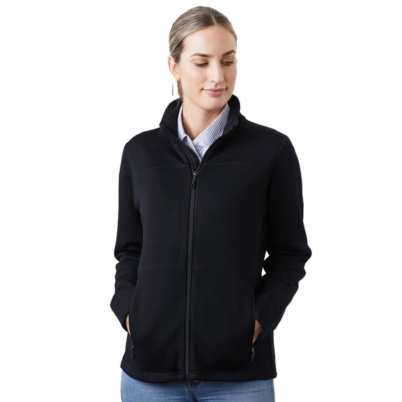 Load image into Gallery viewer, Metro Womens Merino Jacket in black, featuring a full front zip closure and two front angled pockets, designed for durability and warmth with 80% merino wool and 20% nylon.