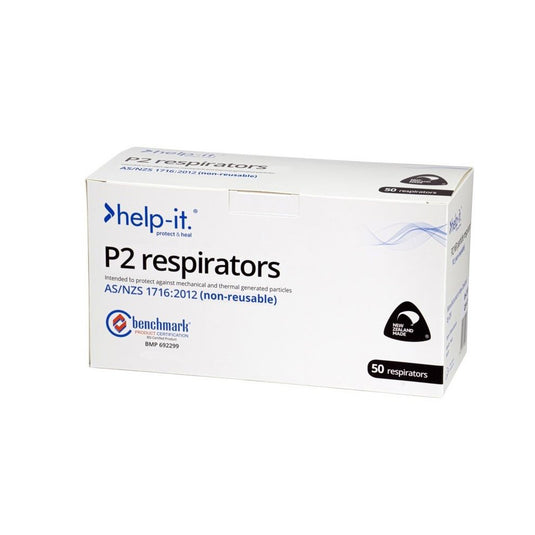 P2 Ezy-Breathe Duckbill Respirator Box/50, featuring a white box with blue and black text, displays compliance with AS/NZS 1716:2012 standards. Ideal for protection against mechanical and thermal particles.