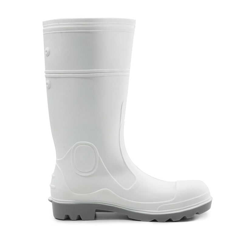 Load image into Gallery viewer, Bison Food Industry Gumboot, White/Grey, featuring a robust PVC/Nitrile construction, steel toe cap, and reinforced areas, designed for maximum safety and traction in challenging work environments.