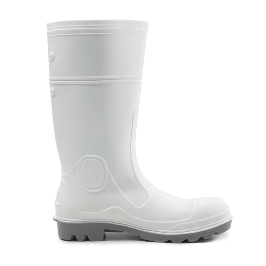 Bison Food Industry Gumboot, White/Grey, featuring a robust PVC/Nitrile construction, steel toe cap, and reinforced areas, designed for maximum safety and traction in challenging work environments.