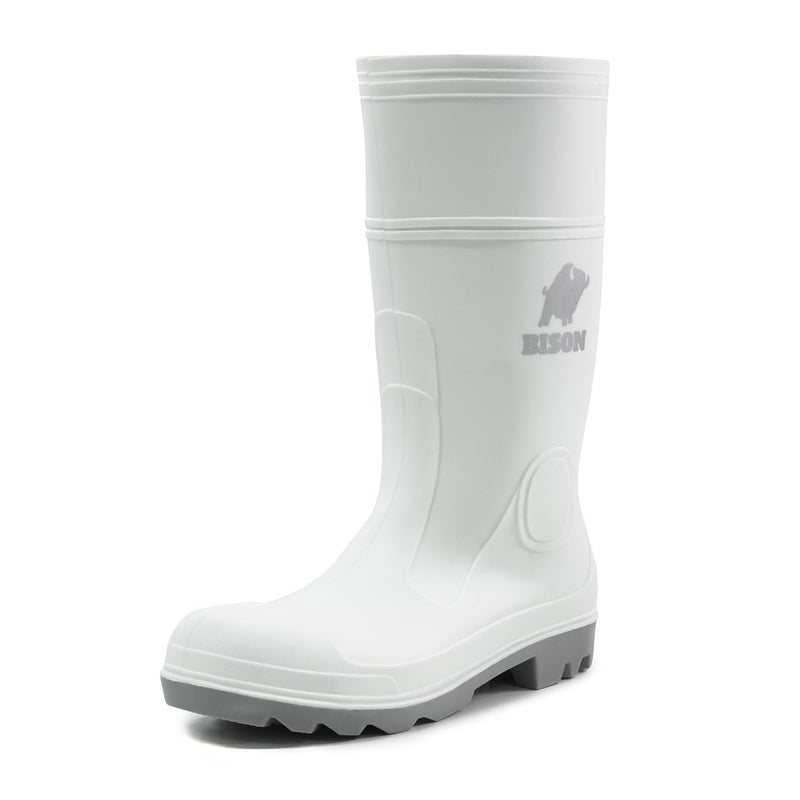 Load image into Gallery viewer, Bison Food Industry Gumboot, White/Grey, featuring a heavy-duty PVC/Nitrile upper, kick-off spur, and reinforced areas for support, designed for durability and traction in demanding work environments.