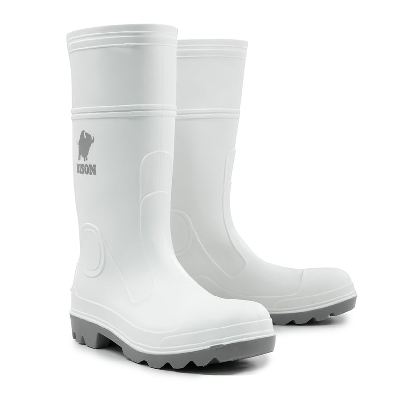 Load image into Gallery viewer, Bison Food Industry Gumboot, White/Grey: Sturdy white rubber boots featuring a steel toe cap, reinforced ankle, and a slip-resistant, self-cleaning sole designed for optimal support and traction in hazardous environments.