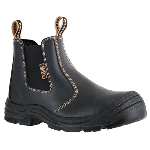 MRB Slip On Safety Boots featuring a black action leather upper, yellow stitching, and a steel toe cap. Designed for wide fit, with a block heel and mud grip sole, ideal for budget-conscious safety needs.